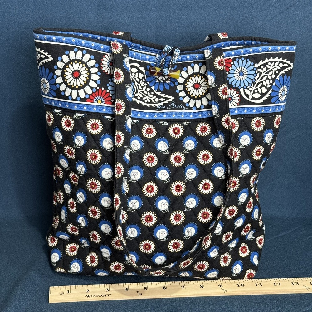 Vera Bradley Vera Tote Bag Night Owl Retired Quilted Cotton Blue Red XL Shoulder